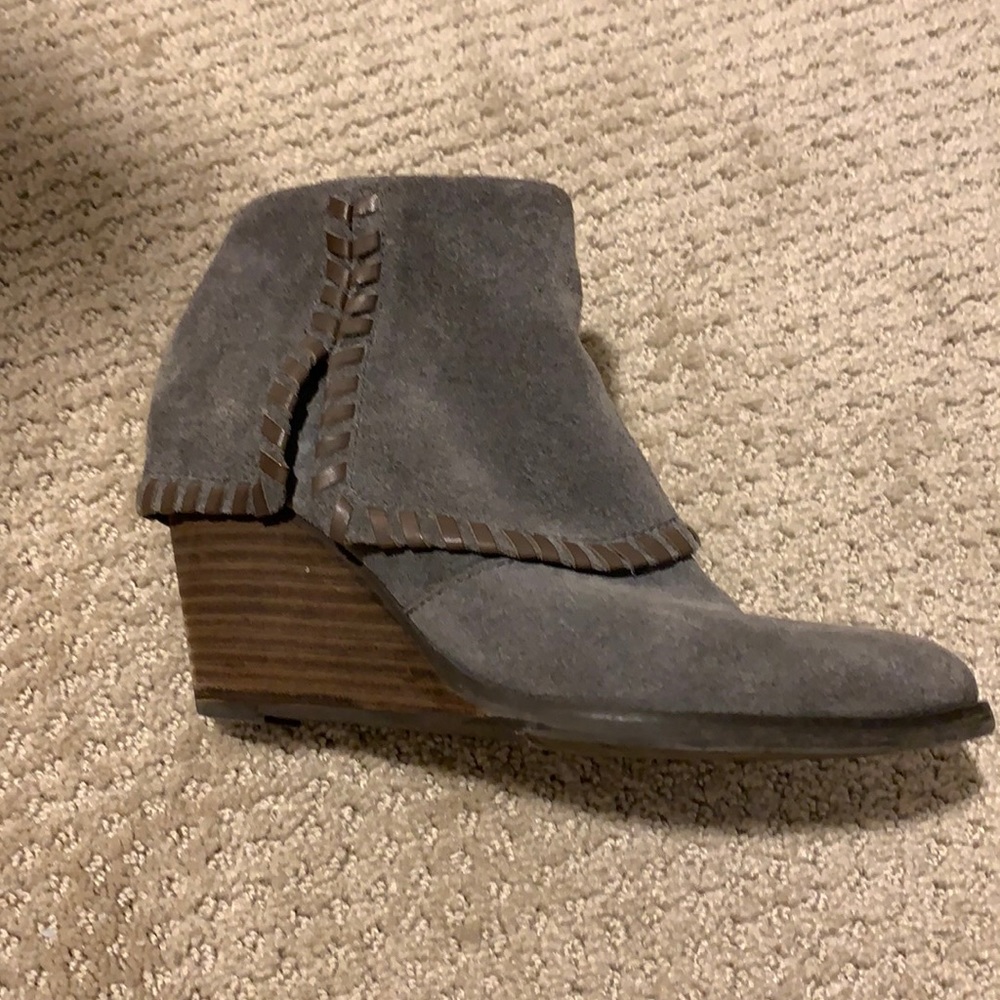 Reba, grey suede wedge bootie, size 6